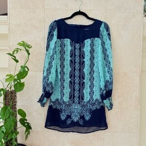 Xhilaration Blue Boho Paisley Dress Sheer Sleeve Smocked Cuff Shift XS